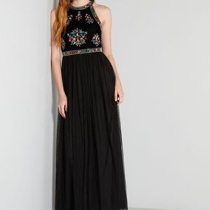 NWOT Black Velvet + Tulle Maxi Dress with Floral Beaded Details